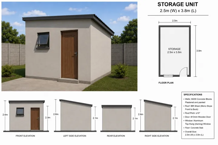 Concept drawing supplied to the client showing the proposed storage building, floor plan and elevations.